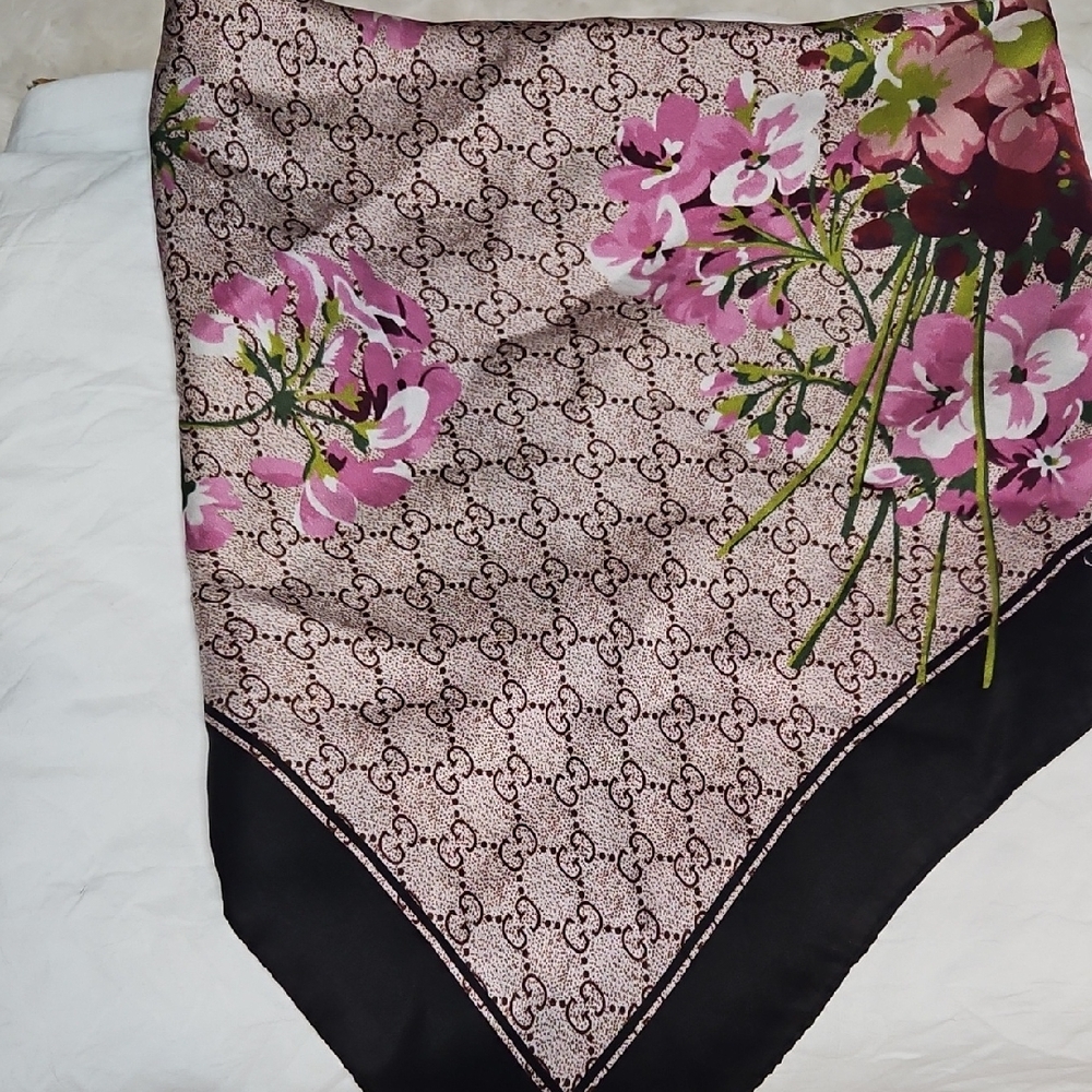 Gucci Pink and Green Floral Silk Scarf
